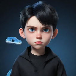 A 3D rendered animated boy with an angry expression, clothed in a black aesthetic outfit, bearing a shirt with the print 'Rep', possessing captivating blue eyes, and an ice snake gracefully coiled around his neck.