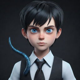 A 3D rendered animated boy with an angry expression, clothed in a black aesthetic outfit, bearing a shirt with the print 'Rep', possessing captivating blue eyes, and an ice snake gracefully coiled around his neck.