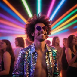 A person ecstatically enjoying a vibrant disco scene, surrounded by colorful lights and groovy music.