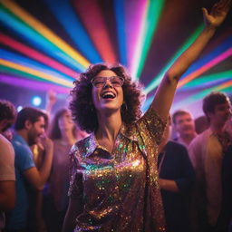 A person ecstatically enjoying a vibrant disco scene, surrounded by colorful lights and groovy music.