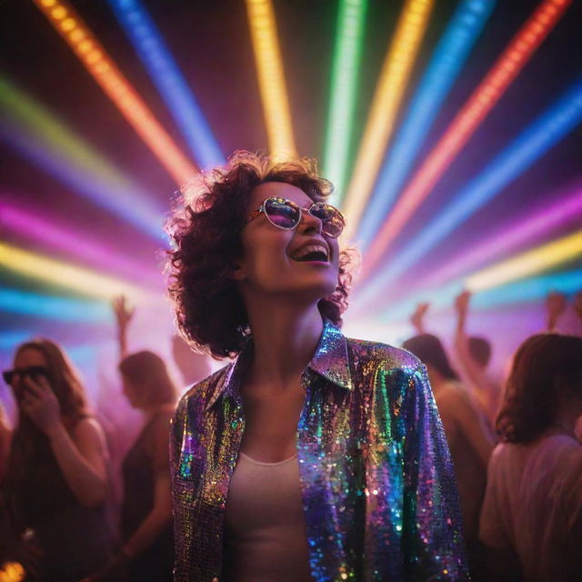 A person ecstatically enjoying a vibrant disco scene, surrounded by colorful lights and groovy music.