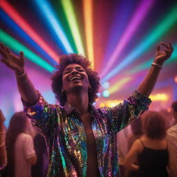 A person ecstatically enjoying a vibrant disco scene, surrounded by colorful lights and groovy music.