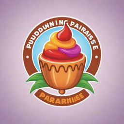 Generate a striking, colorful logo for a business named 'Pudding Paradise', incorporating elements of paradise and pudding. Use playful, vibrant design with a professional appeal.