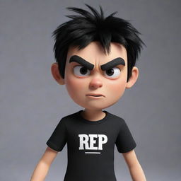 A 3D animation of an angry boy, donned in a black shirt branded with the word 'Rep'.