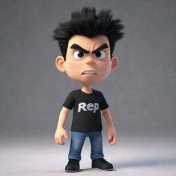 A 3D animation of an angry boy, donned in a black shirt branded with the word 'Rep'.