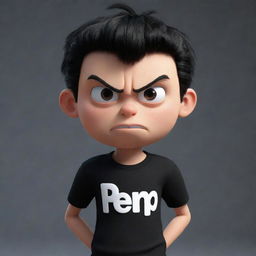 A 3D animation of an angry boy, donned in a black shirt branded with the word 'Rep'.