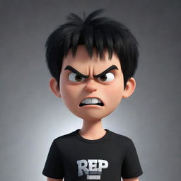 A 3D animation of an angry boy, donned in a black shirt branded with the word 'Rep'.