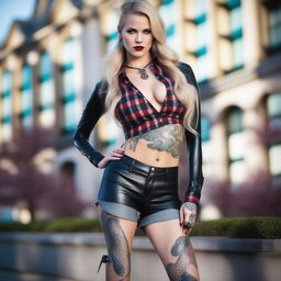 A high-resolution photograph of a captivating blonde woman with vampire fangs and an intricate snake tattoo