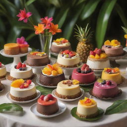 A colorful display of various tantalizing puddings, beautifully presented in a paradise-like setting with tropical fruits and flowers.