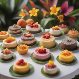 A colorful display of various tantalizing puddings, beautifully presented in a paradise-like setting with tropical fruits and flowers.