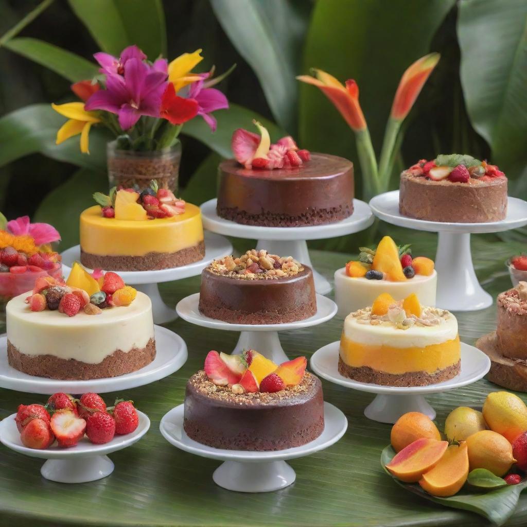 A colorful display of various tantalizing puddings, beautifully presented in a paradise-like setting with tropical fruits and flowers.