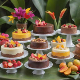 A colorful display of various tantalizing puddings, beautifully presented in a paradise-like setting with tropical fruits and flowers.