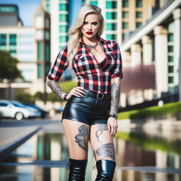 A high-quality photograph of a captivating, voluptuous blonde woman with vampire fangs and a snake tattoo