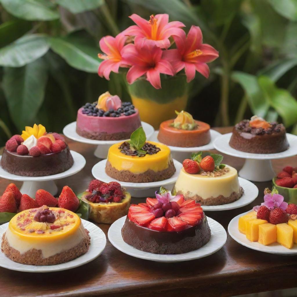 A colorful display of various tantalizing puddings, beautifully presented in a paradise-like setting with tropical fruits and flowers.