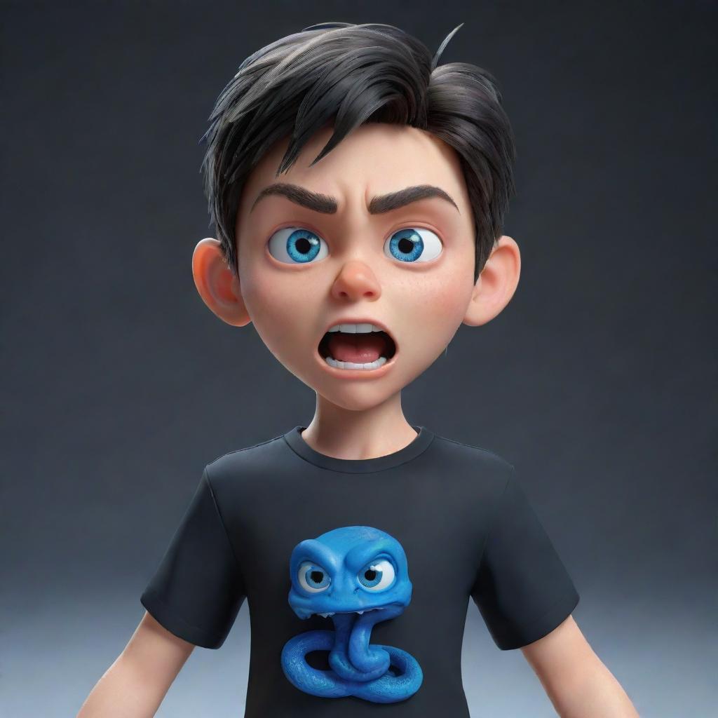 A 3D animated boy displaying an angry expression, clothed in a black shirt printed with 'Rep', showcasing deep blue eyes, and toting an icy snake.