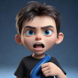 A 3D animated boy displaying an angry expression, clothed in a black shirt printed with 'Rep', showcasing deep blue eyes, and toting an icy snake.