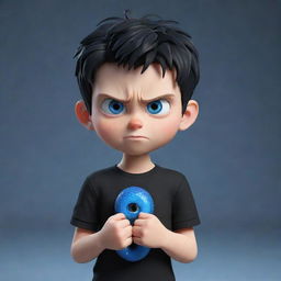 A 3D animated boy displaying an angry expression, clothed in a black shirt printed with 'Rep', showcasing deep blue eyes, and toting an icy snake.