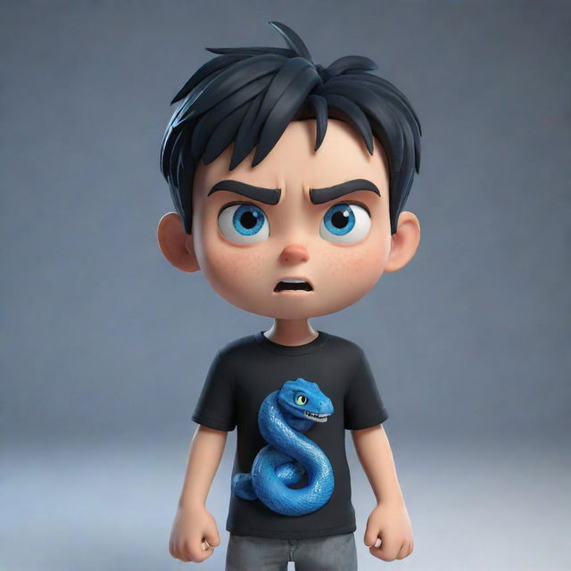 A 3D animated boy displaying an angry expression, clothed in a black shirt printed with 'Rep', showcasing deep blue eyes, and toting an icy snake.