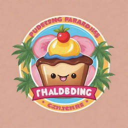 A bright, fun-loving logo for 'Pudding Paradise' featuring stylized pudding graphics, tropical elements, and playful fonts.