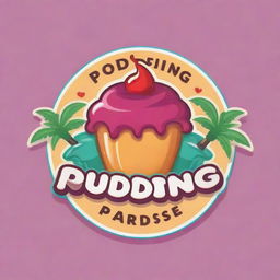 A bright, fun-loving logo for 'Pudding Paradise' featuring stylized pudding graphics, tropical elements, and playful fonts.