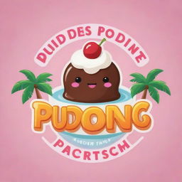 A bright, fun-loving logo for 'Pudding Paradise' featuring stylized pudding graphics, tropical elements, and playful fonts.