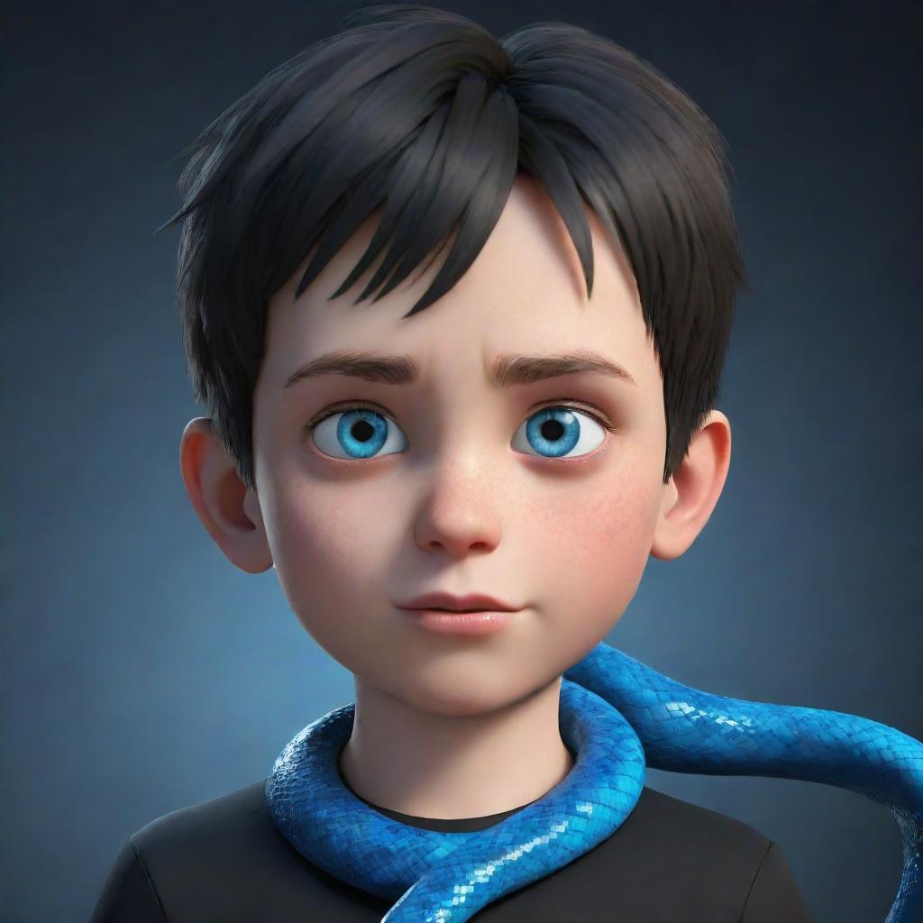 A 3D animated boy showing a serious expression, garbed in a black shirt labelled 'Rep', features intense blue eyes, and an ice snake accompanying him.