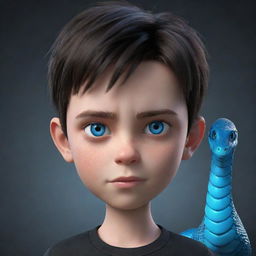 A 3D animated boy showing a serious expression, garbed in a black shirt labelled 'Rep', features intense blue eyes, and an ice snake accompanying him.