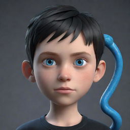 A 3D animated boy showing a serious expression, garbed in a black shirt labelled 'Rep', features intense blue eyes, and an ice snake accompanying him.