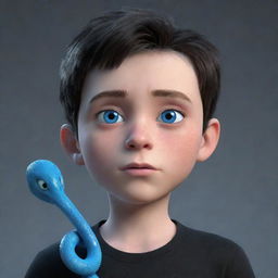 A 3D animated boy showing a serious expression, garbed in a black shirt labelled 'Rep', features intense blue eyes, and an ice snake accompanying him.