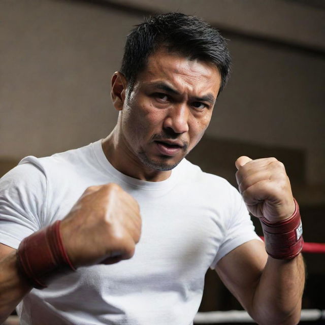 An extremely powerful martial artist, MMA fighter, boxer, and successful businessman from Chinese and Indian origin, who is a popular Hollywood actor, displaying a ruthless expression as he dominates a boxing match, delivering a powerful punch to an opponent.