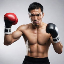 An extremely powerful martial artist, MMA fighter, boxer, and successful businessman from Chinese and Indian origin, who is a popular Hollywood actor, displaying a ruthless expression as he dominates a boxing match, delivering a powerful punch to an opponent.