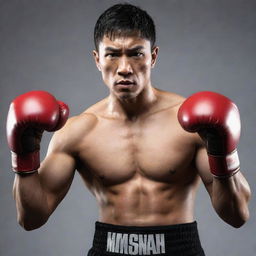 An extremely powerful martial artist, MMA fighter, boxer, and successful businessman from Chinese and Indian origin, who is a popular Hollywood actor, displaying a ruthless expression as he dominates a boxing match, delivering a powerful punch to an opponent.