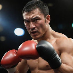 An extremely powerful martial artist, MMA fighter, boxer, and successful businessman from Chinese and Indian origin, who is a popular Hollywood actor, displaying a ruthless expression as he dominates a boxing match, delivering a powerful punch to an opponent.