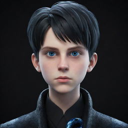 A 3D animated boy with a serious face, clothed in black aesthetic attire named 'Rep', featuring striking blue eyes, and a shimmering ice snake draped around his neck.