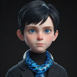 A 3D animated boy with a serious face, clothed in black aesthetic attire named 'Rep', featuring striking blue eyes, and a shimmering ice snake draped around his neck.