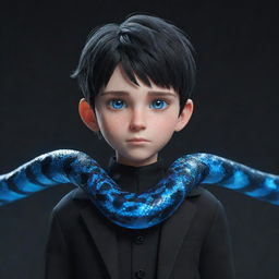 A 3D animated boy with a serious face, clothed in black aesthetic attire named 'Rep', featuring striking blue eyes, and a shimmering ice snake draped around his neck.