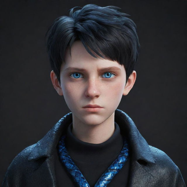 A 3D animated boy with a serious face, clothed in black aesthetic attire named 'Rep', featuring striking blue eyes, and a shimmering ice snake draped around his neck.