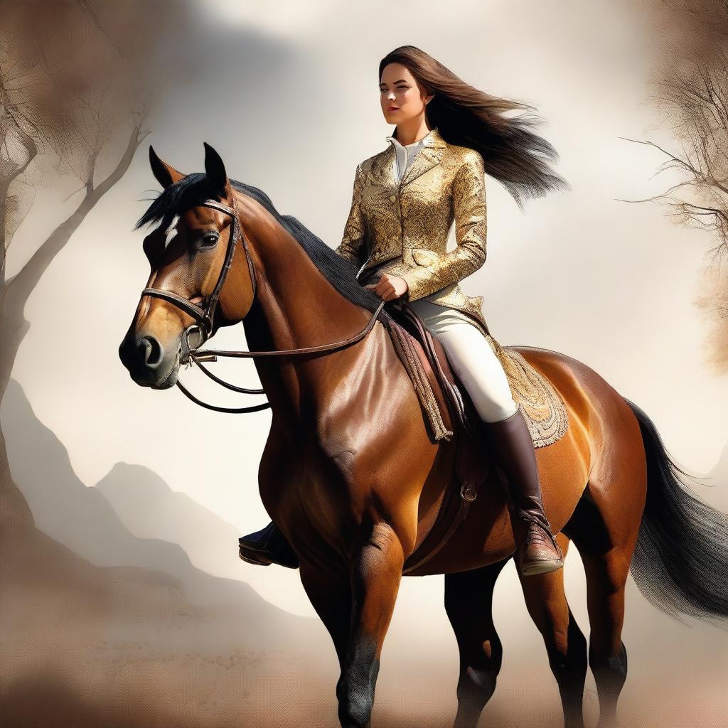 This is a high-quality digital art piece featuring a woman riding a horse