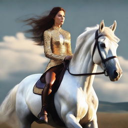 This is a high-quality digital art piece featuring a woman riding a horse