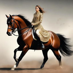 This is a high-quality digital art piece featuring a woman riding a horse