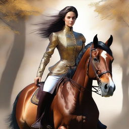 This is a high-quality digital art piece featuring a woman riding a horse
