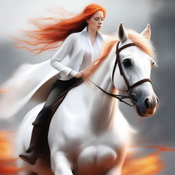 A high-quality digital art piece showcasing an orange-haired woman on a white horse