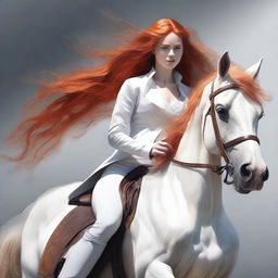 A high-quality digital art piece showcasing an orange-haired woman on a white horse