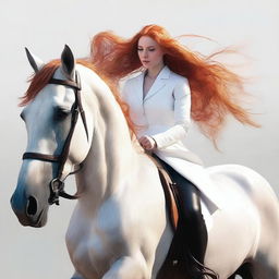 A high-quality digital art piece showcasing an orange-haired woman on a white horse
