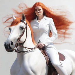 A high-quality digital art piece showcasing an orange-haired woman on a white horse