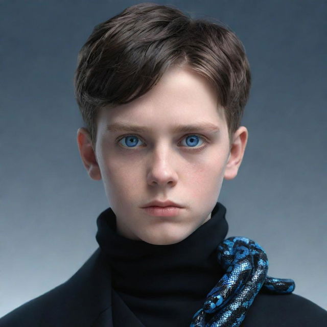 A 3D render of a boy with a serious expression, enveloped in black aesthetic attire, showcasing penetrating blue eyes, and a snake made of ice confidently wrapped around his neck.