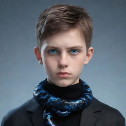 A 3D render of a boy with a serious expression, enveloped in black aesthetic attire, showcasing penetrating blue eyes, and a snake made of ice confidently wrapped around his neck.