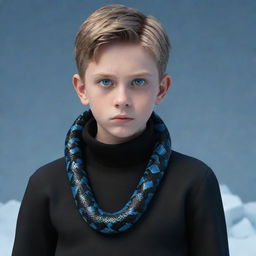 A 3D render of a boy with a serious expression, enveloped in black aesthetic attire, showcasing penetrating blue eyes, and a snake made of ice confidently wrapped around his neck.