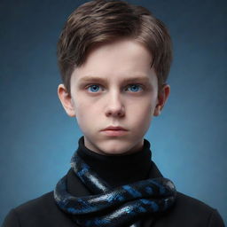 A 3D render of a boy with a serious expression, enveloped in black aesthetic attire, showcasing penetrating blue eyes, and a snake made of ice confidently wrapped around his neck.