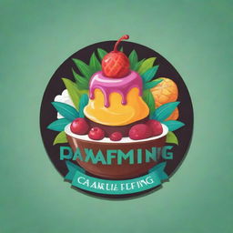 A vibrant, colorful logo for a pudding business, showcasing a tropical paradise theme with luscious pudding and tropical elements incorporated.